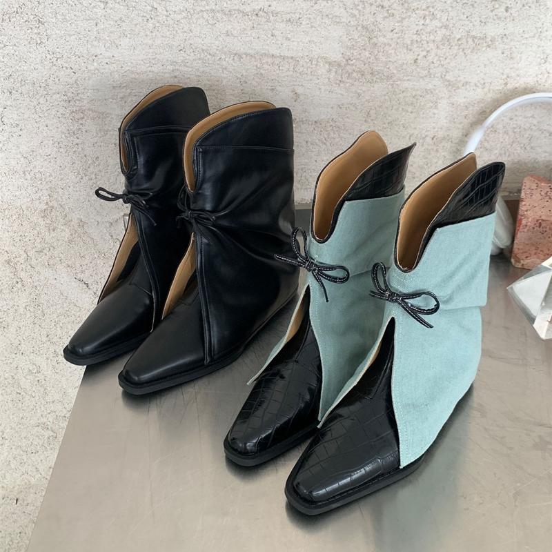 Fashion 2025 New Style Women's Cowboy Boots Pointed Toe Thick Heel Female Short Boots Large Size Bow Trouser Boots for Women