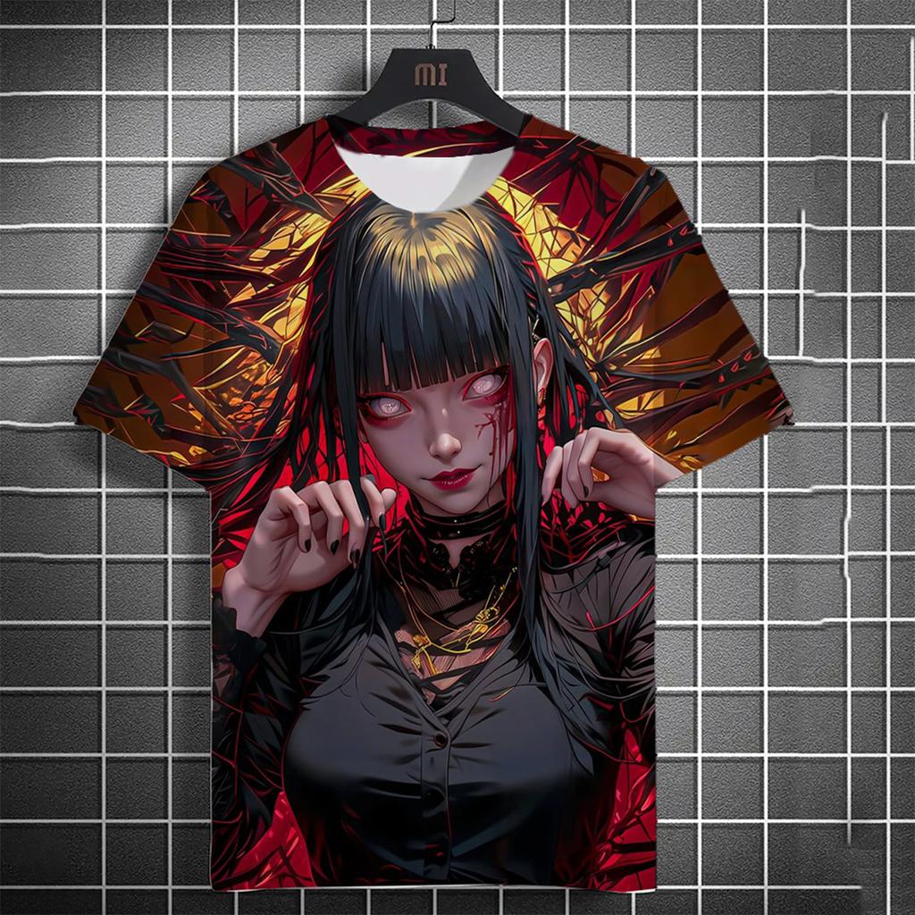 Men's 3D Beautiful Girl Bloodstained T-shirt 3D Cool Pattern Summer Fashion Round Neck Loose Breathable Short Sleeve Top
