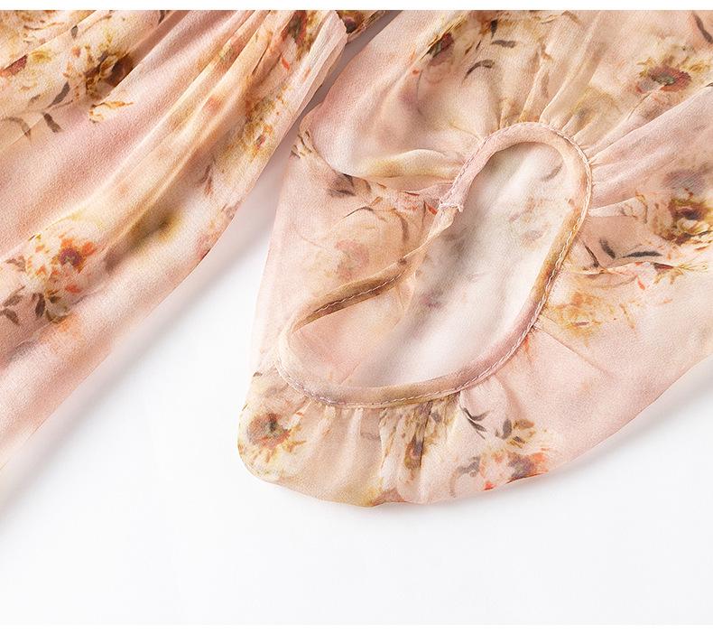 Fairy Pink Floral Short-Sleeve Mulberry Silk Dress - Seaside Holiday Long Skirt