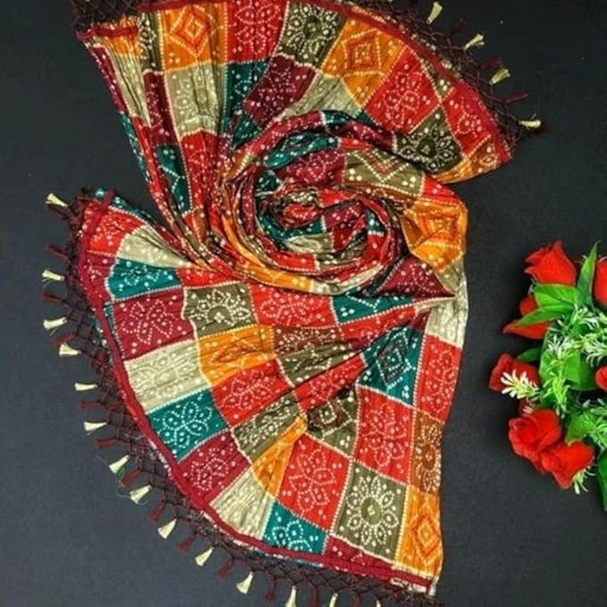 TreegoArt Fashion Women's Rajasthani Printed Traditional Silk Bandhej Dupatta Chunni Scarf