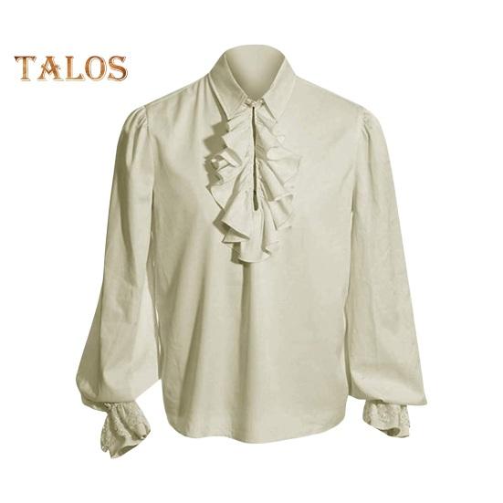 

Мужская рубашка для выступлений с оборками, отложным воротником, длинными рукавами, однотонные рукава-фонарики, ренессансный винтажный королевский стиль, костюм для косплея на Хэллоуин S бежевый