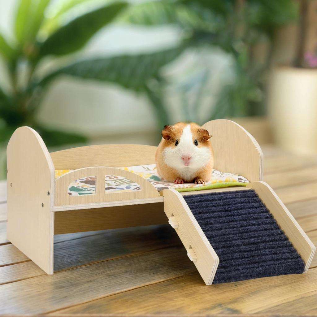Wooden Small Animal Bed Washable Guinea Hideout Platform Reusable Multi-Level Guinea Pig Castle for Hamsters Bunny Chinchillas
