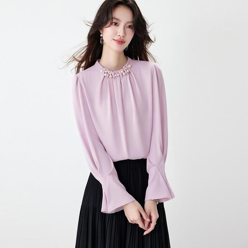 Women s Elegant Beaded Chiffon Trumpet Sleeve Blouse XL лиловый