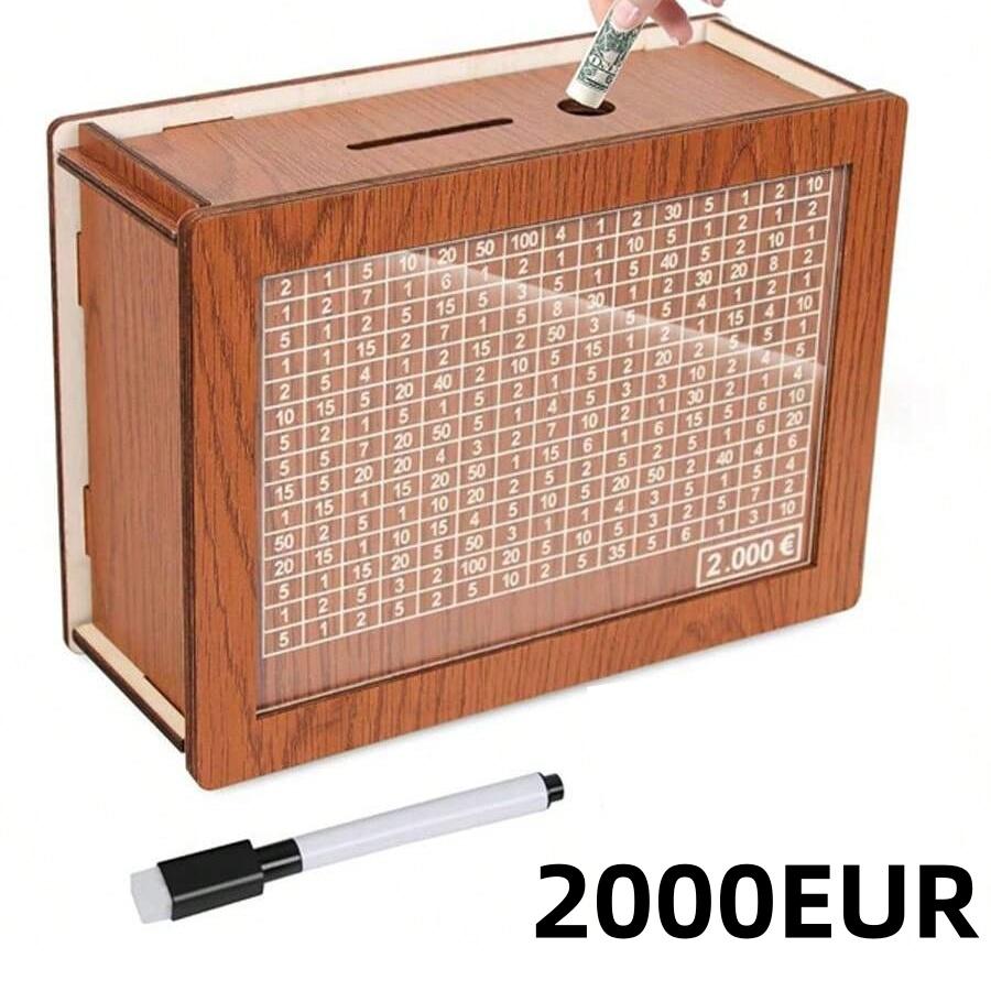 Creative Money Sacing Box Wooden Penny Bank with Marking Pen 1000-10000 Euros Christmas Gift for Kids Home Crafts Decoration