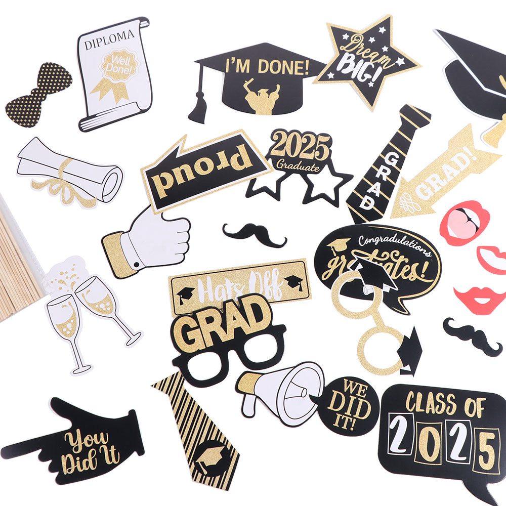 25pcs Congratulation 2025 Photo Booth Props Black Gold Dress Up Costume Mask  Party Favors