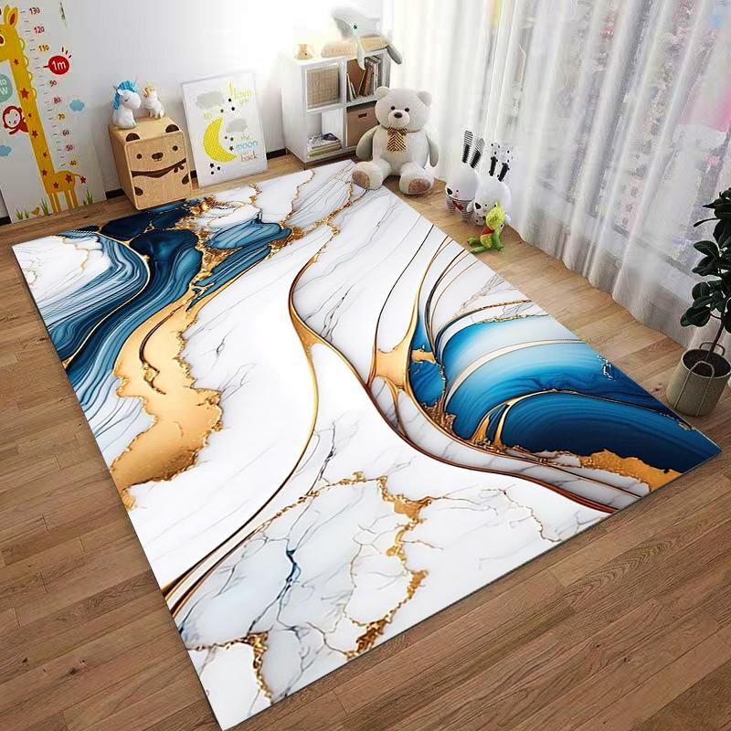 Marble Texture Carpet with Gold and Blue Abstract Art Design Suitable for Use As an Anti-slip for Living Room Bedroom Sofas
