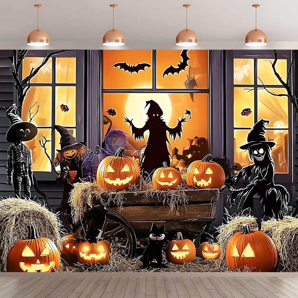 1 piece of Halloween photo background banner - Spirit witch pumpkin and haunted house scenezyc