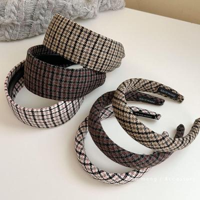 Retro korejský kostkovaný tlustý hlavový pásek pro ženy - široký okraj, houbičkový vlasový doplněk