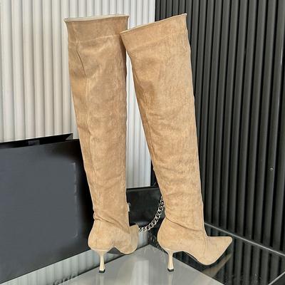 Fashion Fashion Flock Heels Women Over The Knee Boots Shoes Female Slip On Footwear Pointed Toe Ladies Modern Long Boots Pumps Shoes New