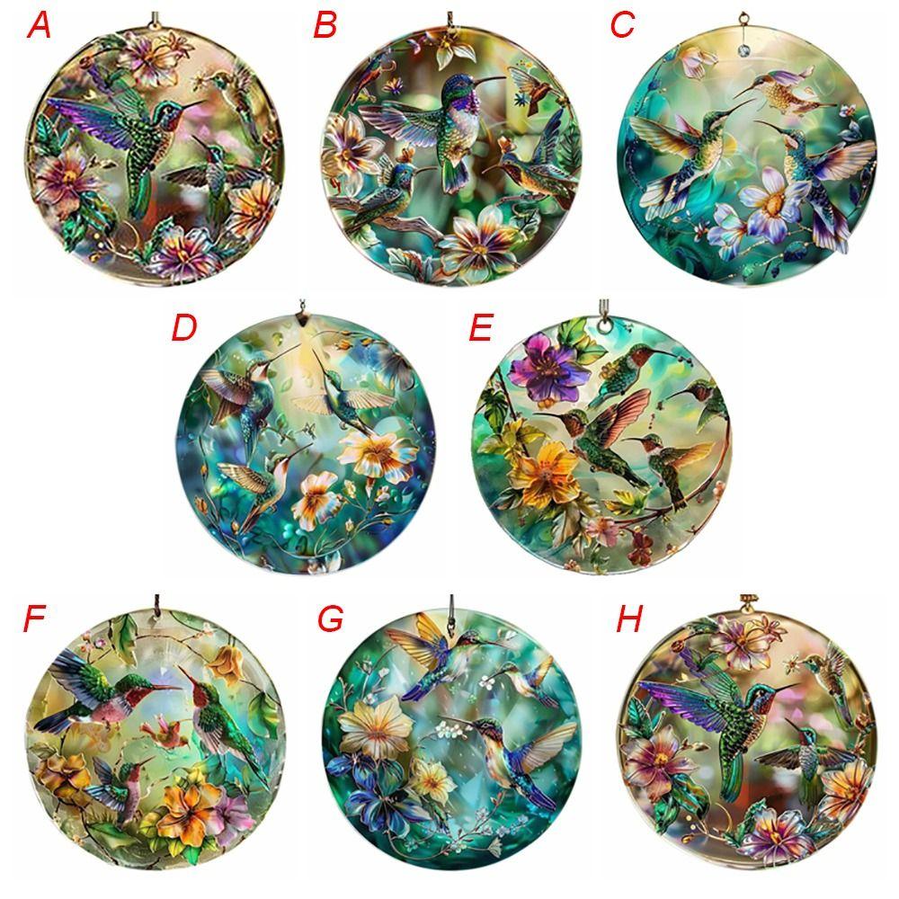 Portable Acrylic Hummingbird Hanging Suncatcher Flat Round Window Pendant Ornament Colorful Garland Decoration Window