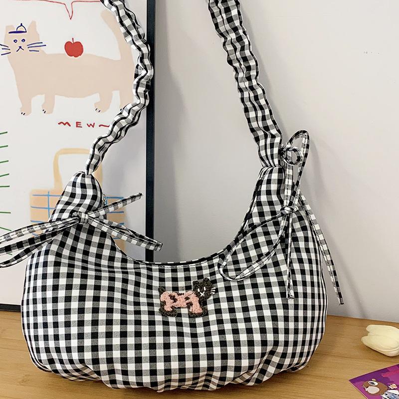 Korean small fresh plaid 2025 summer new niche pleated nylon dumpling bag ins armpit bag