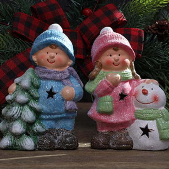 Lighted Ceramic Christmas Figurine Cute Light Up Boy Girl Tree Snowman Statue for Holiday Winter Indoor Mantel Tabletop Fireplace Decor