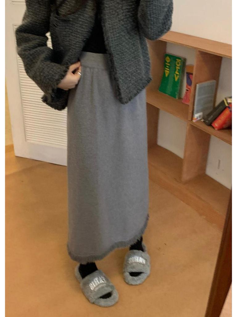 Tassel Knit Over-Knee High Waist Slim Wool Skirt with Matching Sweater