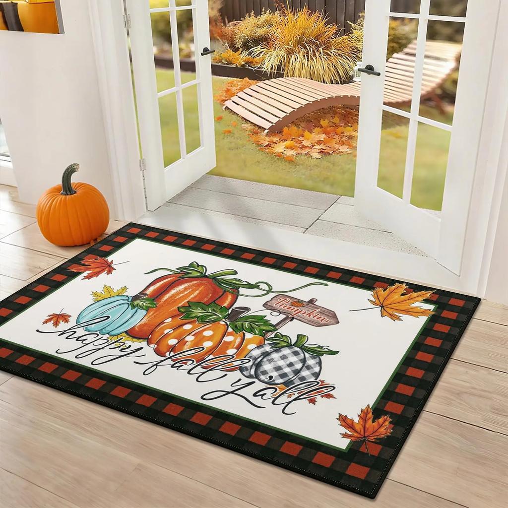 Fall Front Door Mat Vintage Truck Pumpkin Resist Dirt Doormats Non-Slip Washable Inside Entrance Floor Mats Home Decoration