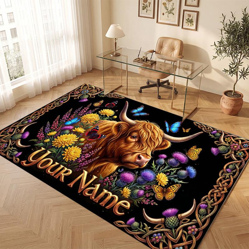 Highland Cow Theme Soft Crystal Velvet Rug Custom Name & Text Print Non Slip Floor Rug for Bedroom Living Room