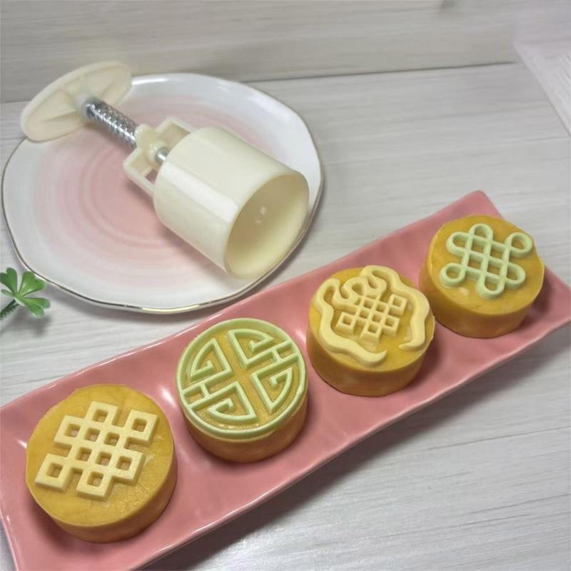 Chinese Knot Pattern Mooncakes Molds Set With 4 Interchangeable ABS Plastic Press Easy to Clean Baking Pastry Tool