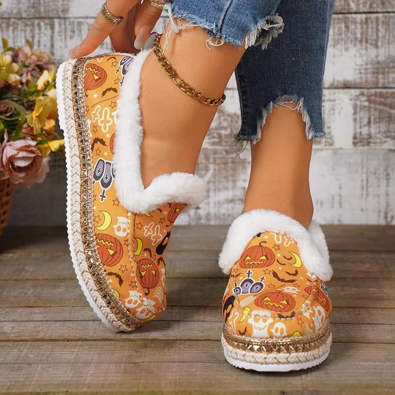Fashion Halloween Flats Women Shoes Random Print Fur Warm Loafers 2025 New All Saints' Day Party Casual Cozy Cotton Shoes Mujer Zapatos