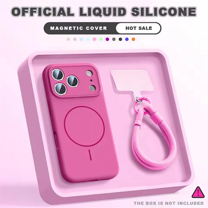 Magnetic Wrist Strap Liquid Silicone Phone Case For iPhone 12 13 16 17 Pro Max Air 15 14 16 Plus 16E Magsafe Lanyard Cover