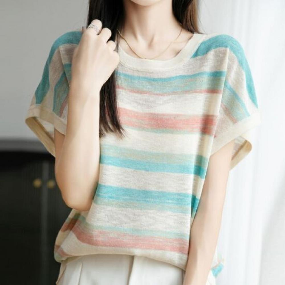 Navava Women Casual Stripe Color Block Cap Sleeve Knit Top Nk3640