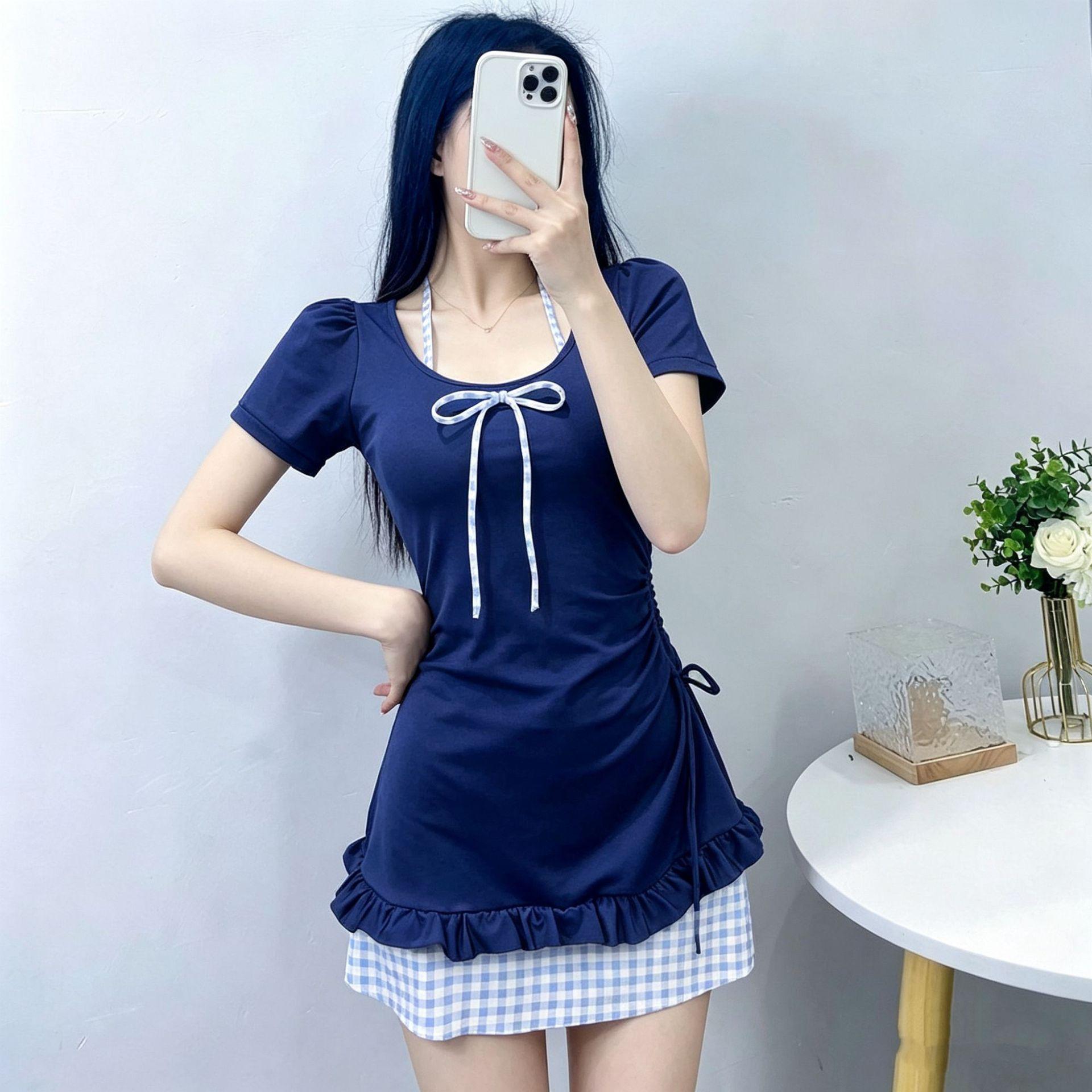 Split swimsuit women s short-sleeved high-end 2026 cute Japanese beautiful neck seaside vacation swimsuit s【 35-42.5kg 】