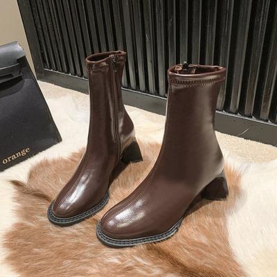 Round Head Retro Thin Boots Women's Early Autumn New High-heeled Short Boots Temperament Versatile Short Tube Side Zipper Thick-heeled Boots