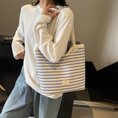 Casual gestreepte canvas tas dames 2025 mode casual eenvoudige schoudertas grote capaciteit werk handtas pendeltas