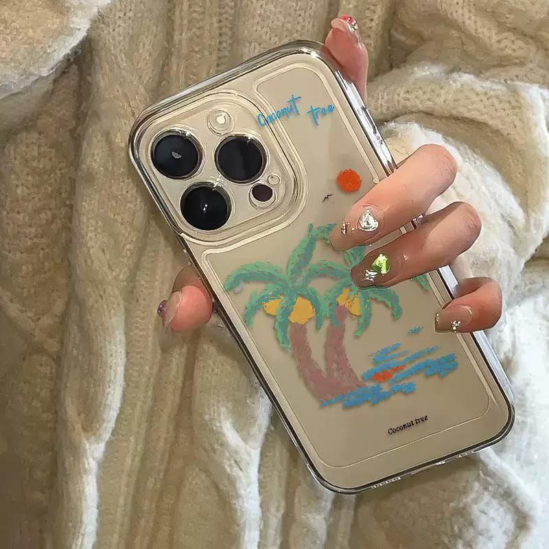 Coconut Tree Clear Phone Case, Hand-Drawn Summer Beach Palm Tree Shockproof Cover for iPhone