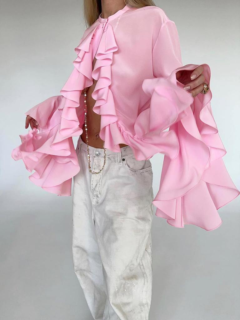 Elegant Ruffle Design French White Cardigan Blouse - Long Sleeve Women's Top