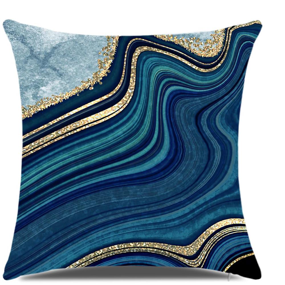 Home Decor Blue And Gold Marbled Pattern Pillow Covers Pattern Cushion Cover Suitable For Sofa Bedroom Car Pillow Cover