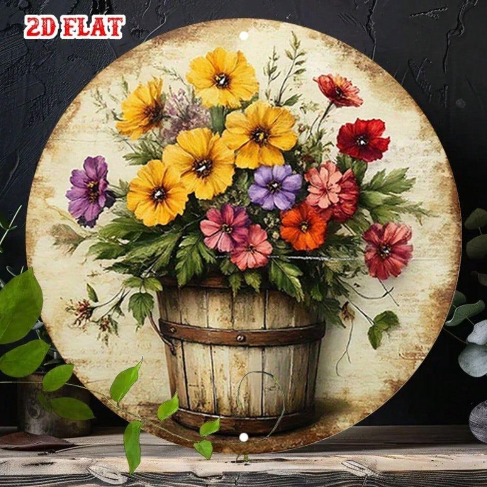 Vintage Round Metal Sign Flower Bucket Kitchen Decor Gift