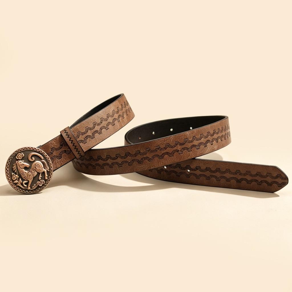 Vintage Western Style J Horse Round Buckle Belt, Embossed Brown PU Women's Belt, Ethnic Style Wear Decorative Belt