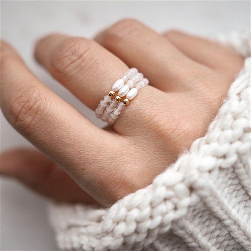 Anello con Perle di Pietra di Luna Bianca Vlen Anelli con Perle d'Acqua Dolce Anelli Elastici Retro per Donne Regalo Gioielli con Pietra Naturale