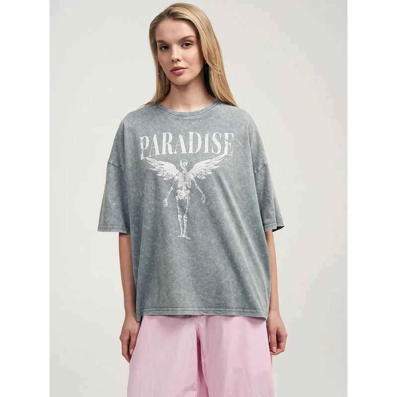 Fashionable Printed T-shirt European and American New Washed Old Loose Print Cotton T-shirt Top