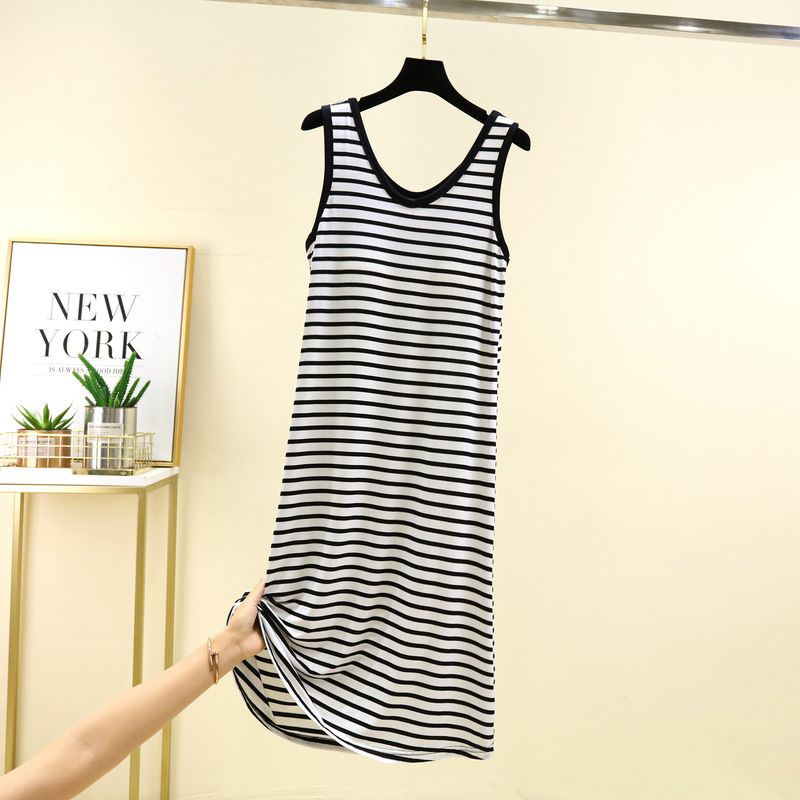 

Модальный жилет с нагрудными подушечками, юбка, летняя тонкая домашняя полосатая ночная сорочка большого размера, свободная, подходит для повседневной носки, повседневное платье White Stripes XL (70.00 kg-82.50 kg recommended