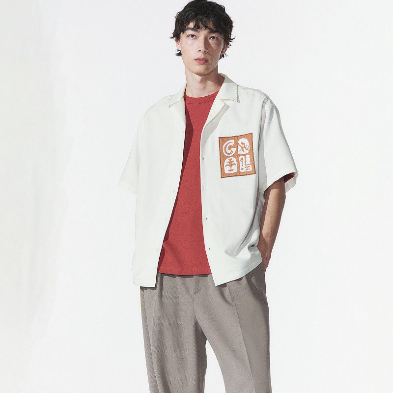 

Мужская рубашка HM с кубинским воротником 2025 Лето Новое поступление Принт Свободный Короткий рукав Повседневная рубашка 1264153 White/Cool 175/100(M)