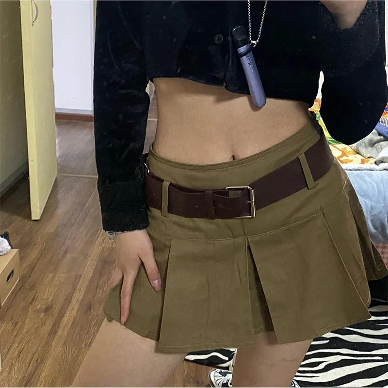 Vintage Pleated Skirt Women's Kawaii A-line High Waist Sashes Mini Skirts Korean Fashion Casual Harajuku Streetwear 2024 Spring