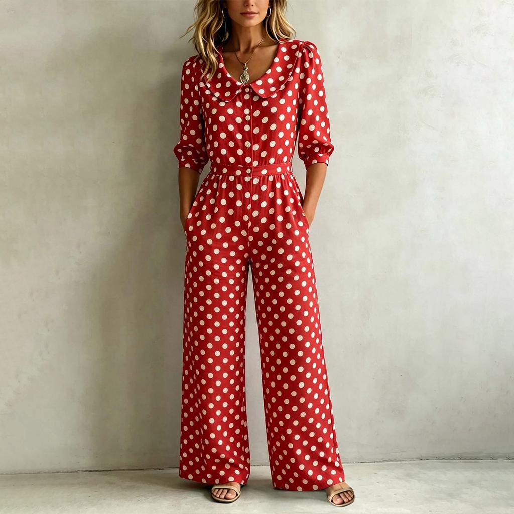 Women's Polka Dot Jumpsuit Casual Vacation One Piece Outfit Wide Leg Elastic Waist 3/4 Sleeve V Neck Button Front