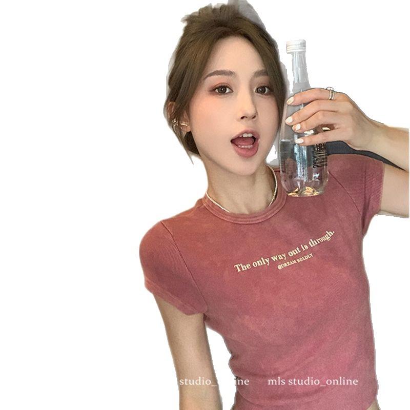 American retro old letter front shoulder short-sleeved T-shirt women's summer small sweet and slim printed short top