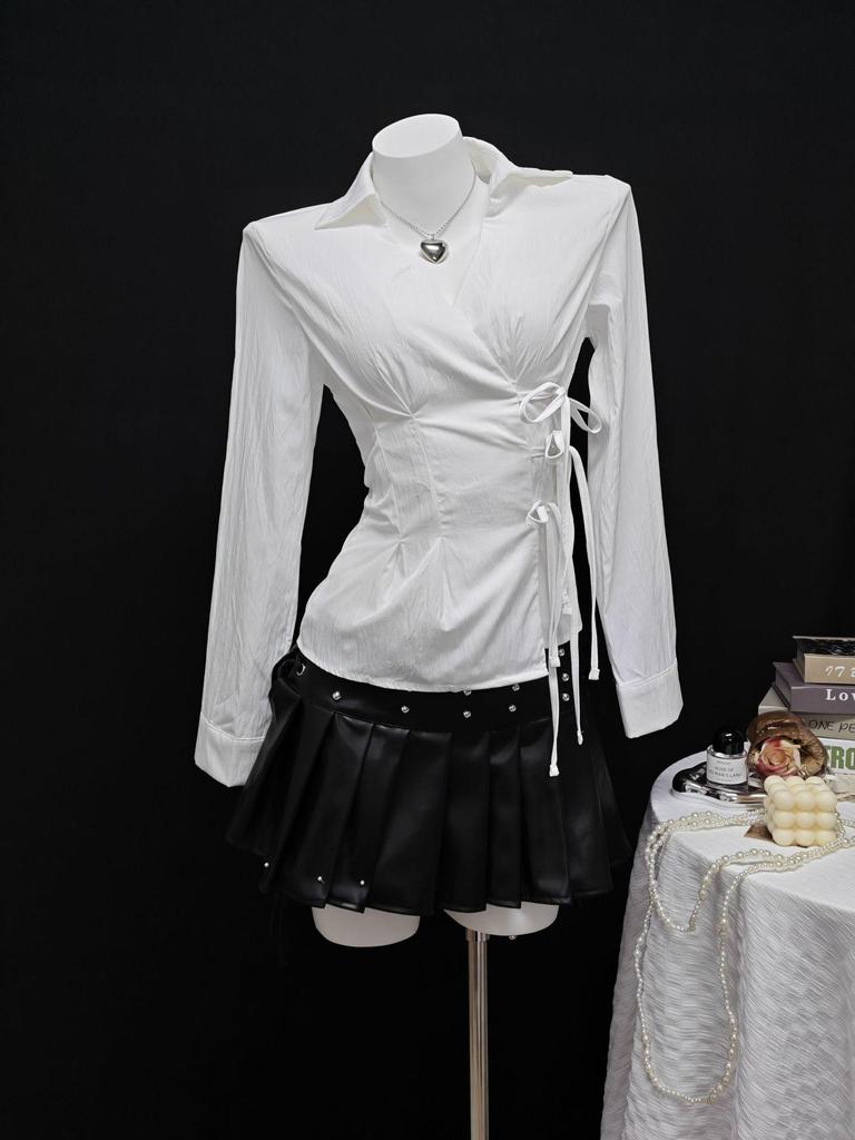 In Stock - European & American Casual Waist-Cinching Solid Color Women's Shirt