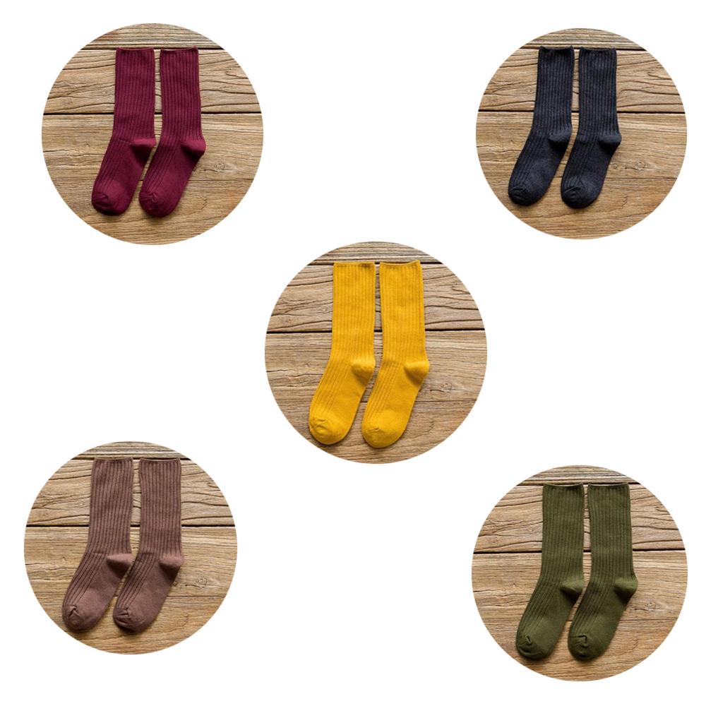 5 Pairs Solid Ribbed Crew Socks Women Mixed Color 4 Seasons Fit Loose Socks Set Daily Basic Sox