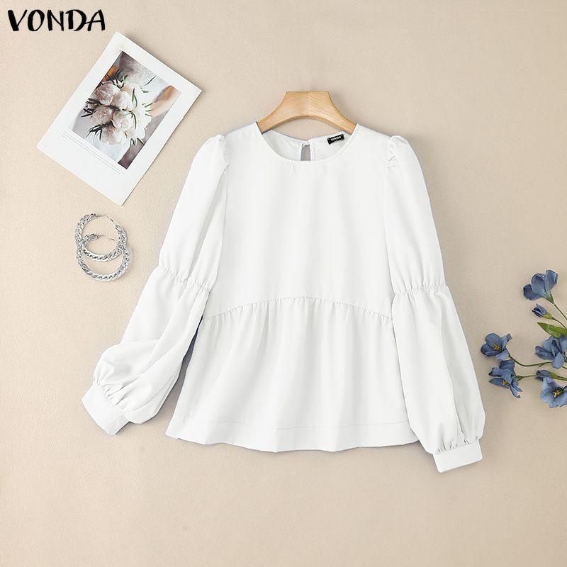 VONDA Damen Lässig Rundhals Puff Langarm Einfarbig Locker Bluse