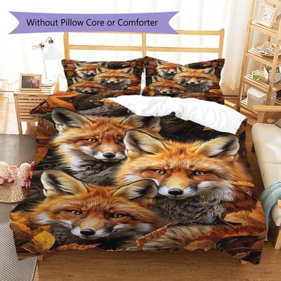 3D Fox Pattern Bedding Quilt Set Quilt Cover Pillowcase Home Decoration Birthday Gift (1 * Duvet Cover + 2 * Pillowcase, Without Core)