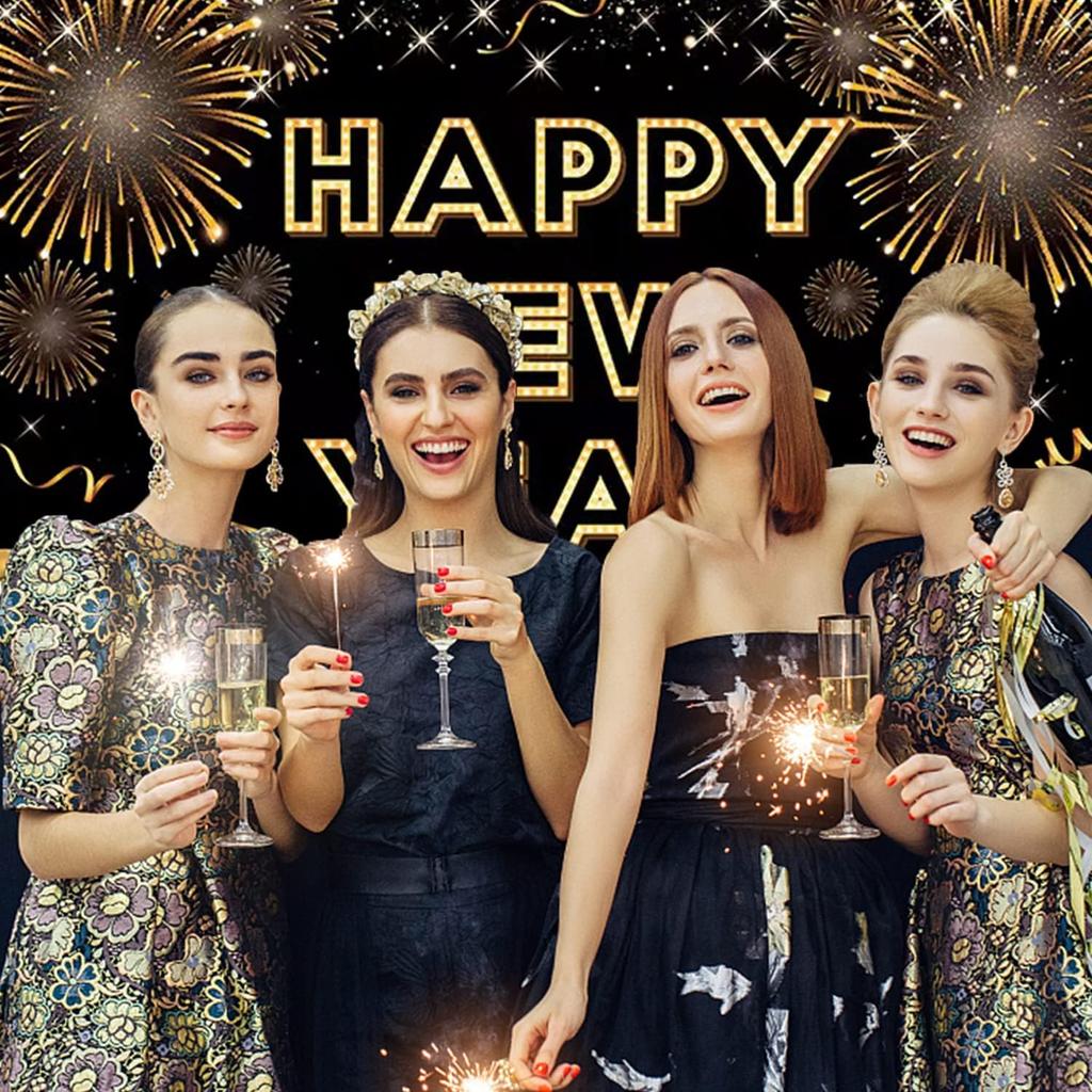 Happy New Year Banner for 2026 Party Decoration, Blackgold New Year Eve Banner Photo Backdrop Party Supplies (HAPPY NEW YEAR)