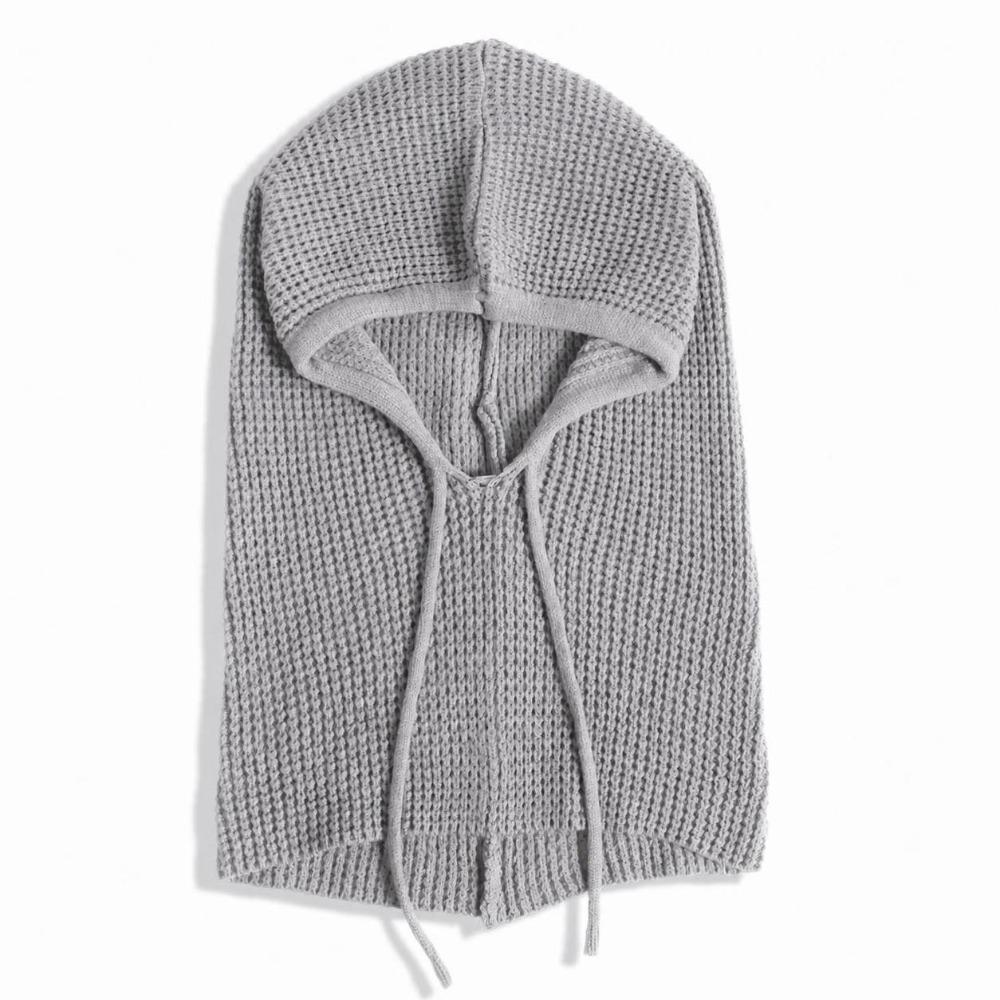 Drawstring Closure Neck Warmer Hat Thick Knit Winter Pullover Hat  For Women Man