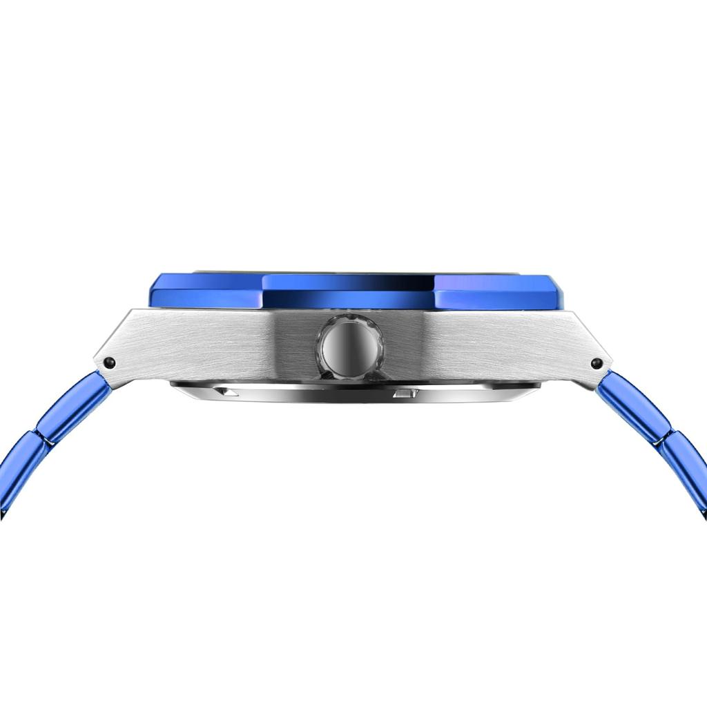 BOLYTE Men's Mechanical Automatic Watch with Octagonal Case and Stainless Steel Band, Skeleton Design, Silver Blue, Classic Design