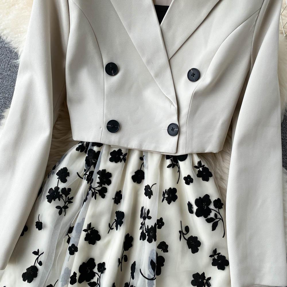 French Temperament Short Section Double-breasted Suit Jacket Female High-end Flocking Mesh Sling Dress Yangqi Two-piece Set