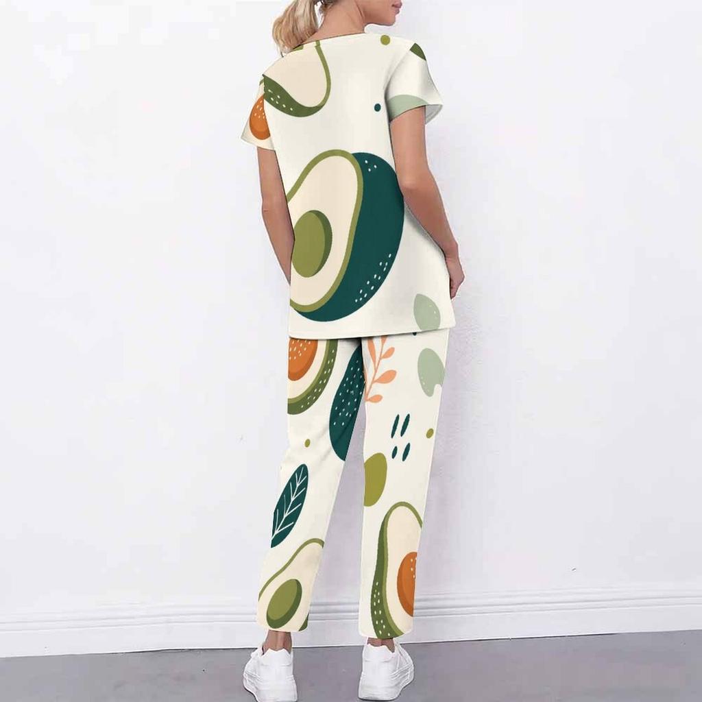 Women Plus Size Printed Scrub Set Crisscross Cutout Neck Short Sleeve Pockets Top Long Pants