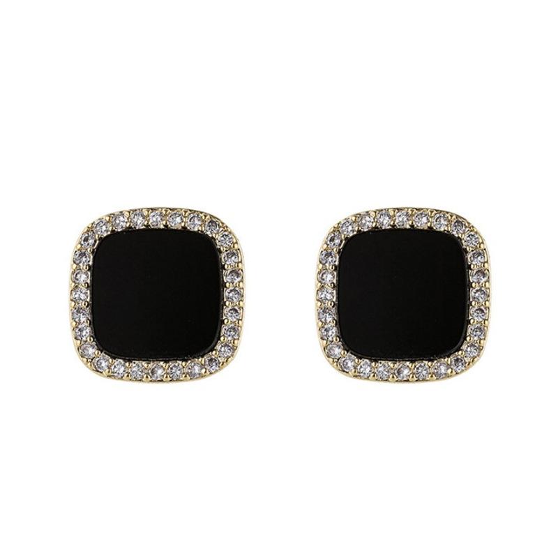 Korean Full Rhinestone Crystal Black Square Stud Earring for Women Simple Geometry Temperament Jewelry Christmas Girlfriend Gift