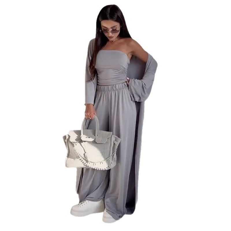 European and American Women clothes 2025 Summer New Casual Tube Top Vest Robe cardigan Wide Leg Pants Three-Piece Set