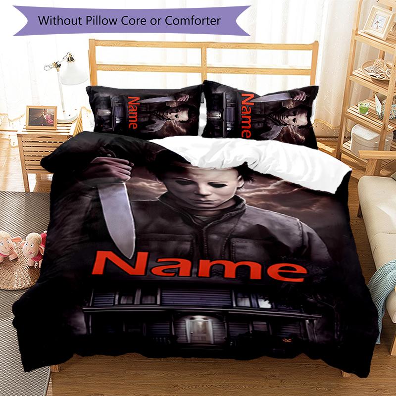 3pcs Custom Name Cartoon Michael Myers Bedding Set Duvet Cover Closure Includes 1 Duvet Cover & 2 Pillowcases for All Seasons Bedroom Decor